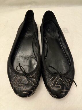 Gucci Black Leather Bow Ballet Flats, pre-owned